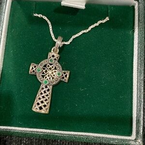 Sterling Silver Celtic Cross Pendant Emerald Green Stone